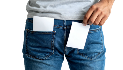 A person's back in jeans, with one hand reaching into a pocket containing blank cards