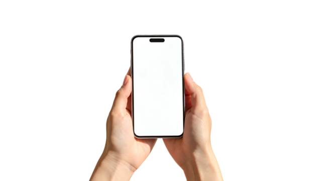 Human hands holding a modern smartphone with a bright, blank screen against a black background