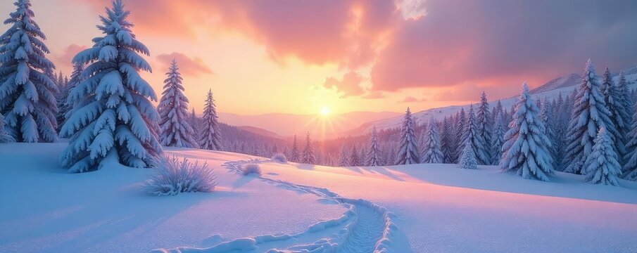 A tranquil snow-covered landscape bathed in the soft glow of dawn, undisturbed and serene; a perfect representation of peaceful silence The stillness of nature is palpable , solitude, untouched