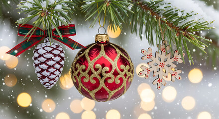 Christmas ornaments hanging on a snow covered pine branch with bokeh lights in the background scene view