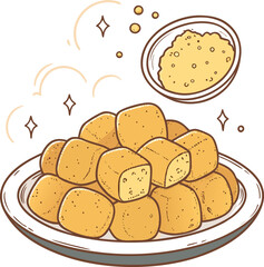 A delightful illustration of golden fried tofu cubes served with sauce