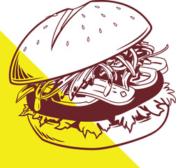 A simple line drawing depicts a classic hamburger in maroon and white