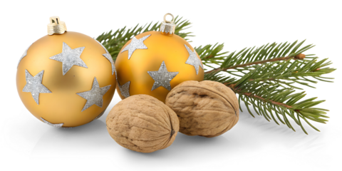 Yellow christmas decoration with ball and fir branch isolated on white or transparent background