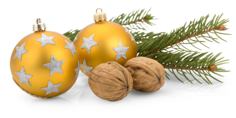 Yellow christmas decoration with ball and fir branch isolated on white or transparent background