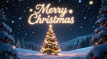 Christmas night scene with glowing tree Merry Christmas typography shining above snow and stars in sky cinematic depth