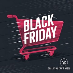 Dynamic red shopping cart illustration with bold black friday text and motion blur effect