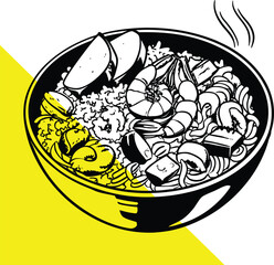 A black and white illustration of a steaming bowl of ramen noodles