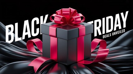 Luxurious black friday gift box with red ribbon and bold text on dark background