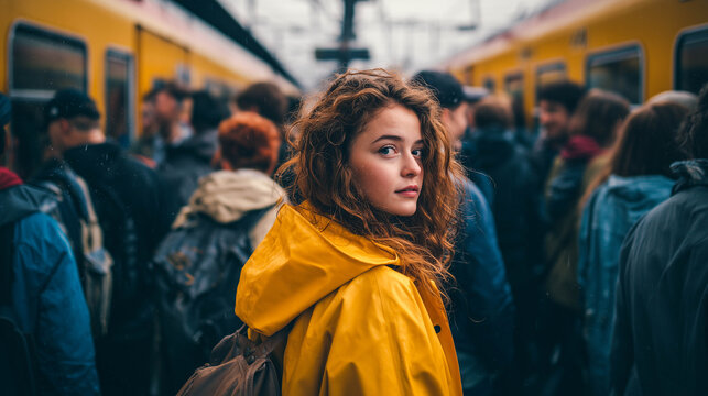 Young woman, teen or student in a yellow raincoat at a train station, looking back over her shoulder, amidst a bustling crowd on an overcast da