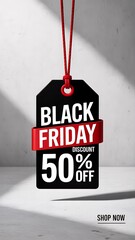 Bold black friday sale tag featuring fifty percent discount and red ribbon accent