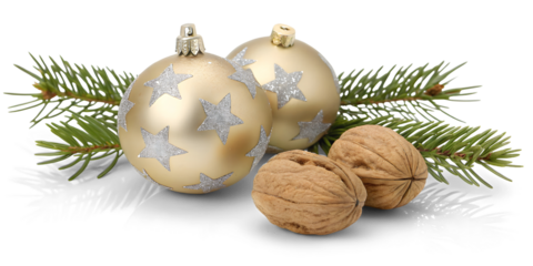 Gold christmas decoration with ball and fir branch isolated on white or transparent background