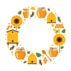 Fototapeta premium A sweet circular arrangement of bees honey sunflowers and beehives.