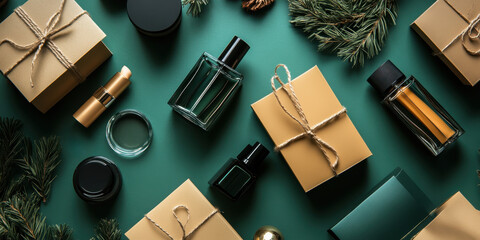 A green background with a variety of perfume bottles and gift boxes