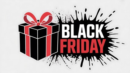 Bold black friday sale announcement featuring a stylized gift box and splattered ink effect