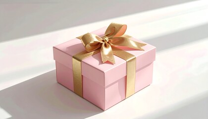 Presents a pink gift box tied with a gold ribbon. Offers a stylish backdrop for holiday, birthday, or retail marketing material.