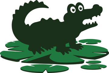 Cute cartoon alligator smiles while resting on a green lily pad