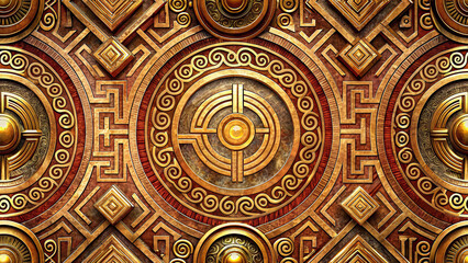 Obraz premium European Western Greek Key Meander Pattern, Gilded Gold Geometric Fret with Medallions and Spirals, Classical Hellenic Ornamental Borders, Luxury Metallic Seamless Decorative Wallpaper