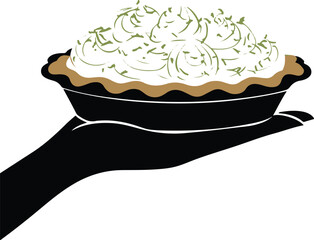 A hand presenting a freshly baked pie with a fluffy whipped cream topping
