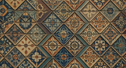 Close-up of intricately patterned, triangular tiles arranged in a geometric mosaic