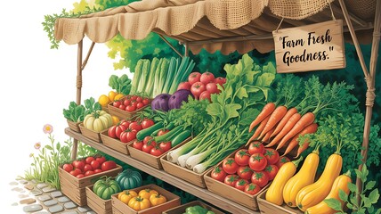 Vibrant farmer's market stall bursting with fresh organic fruits and vegetables