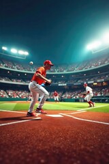 Fototapeta premium Fast-paced, close-up action shot of an arena baseball game Players in motion, ball in flight, intense atmosphere Focus on the dynamic energy of the sport , concentration, team