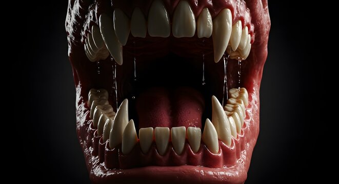 Close-up view of an open mouth filled with sharp teeth, flesh, and saliva against black