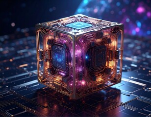 Futuristic digital cube with circuit boards, glowing lights