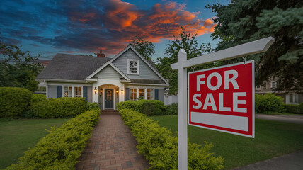 Charming home for sale surrounded by lush greenery and brick walkway, large house has a for sale sign in front of it.	