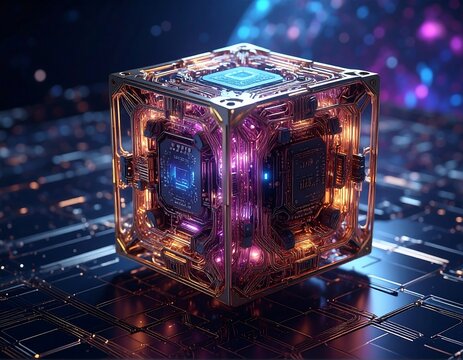 Futuristic digital cube with circuit boards, glowing lights - Powered by Adobe