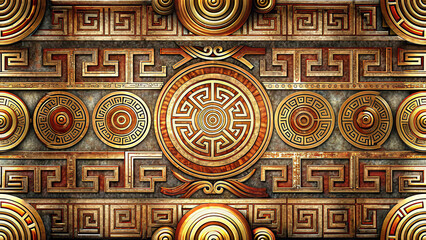 Obraz premium European Western Greek Key Meander Pattern, Ornate Gilded Bronze Geometric Fret Borders with Circular Medallions, Classical Hellenic Decorative Seamless Background Wallpaper