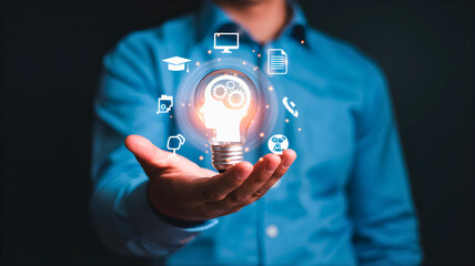 Cultivating Innovation Hand Holding Bright Idea Light Bulb Encircled by Digital Technology Icons, Symbolizing Creative Solutions, Future Business Growth, and Strategic Digital Transformation