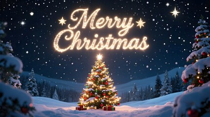 Christmas night scene with glowing tree Merry Christmas typography shining above snow and stars in sky cinematic depth