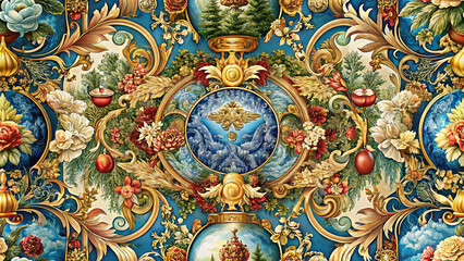 Obraz premium European Western Renaissance Tapestry Pattern with Ornate Baroque Rococo Gilded Acanthus and Floral Scrolls, Medallion Cartouches, Teal and Gold Luxury Seamless Decorative Wallpaper Background