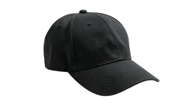 Isolated, dark gray baseball cap angled left on black, showing crown and brim