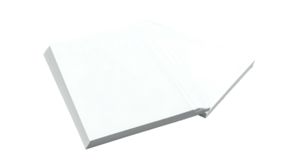 A stack of white rectangular paper sheets, slightly angled, on a solid black background