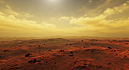 Mars Horizon: A Stunning View of the Red Planet’s Surface Under a Golden Sky