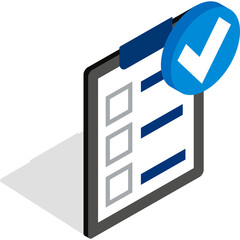 Isometric Clipboard With Checklist And Blue Check Mark Icon On White Background With Shadow