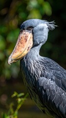 Close-up shot of a Shoebill stork showcasing its unique beak and grey plumage