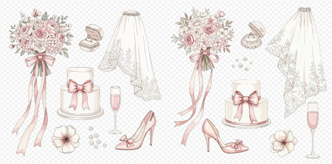 Elegant watercolor illustration of wedding essentials including a bridal bouquet, veil, cake, ring, shoes, and champagne flute, perfect for invitations. © studio