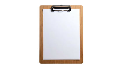 A wooden clipboard with a blank white sheet of paper, held by a silver clip