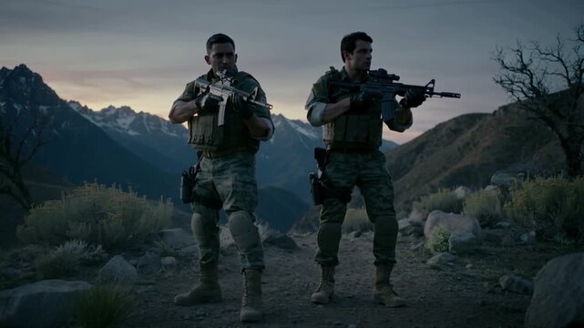 Silhouettes of armed men in camouflage clothing holding rifles, conveying a paramilitary or commando concept.