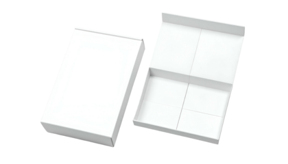 White cardboard box set, lid next to the open base with internal compartments