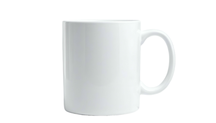 A plain, white ceramic mug with a handle, isolated on a black background