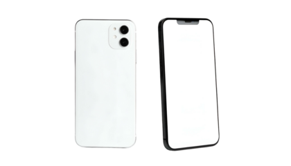 Two white rectangular devices, one front/back, other angled, screens bright, dark background