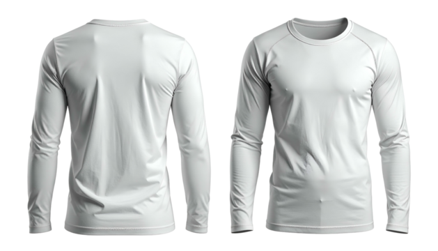 Two views of a white long-sleeved crew neck shirt; front and back. Solid, basic design