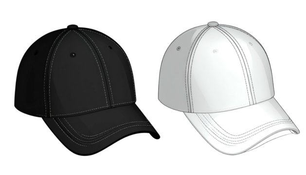 Two baseball caps, one black and one white, with visors and decorative stitching
