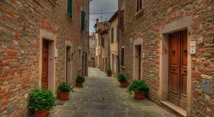 Fototapeta premium Cobbled alleyway flanked by brick & stone buildings with wooden doors & potted plants