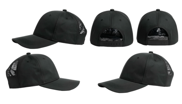 Five views of a black baseball cap with a curved bill and mesh detail at the back