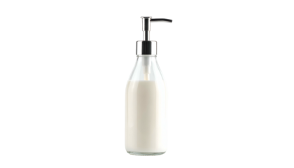 Clear glass bottle with chrome pump filled with white opaque liquid, against a black backdrop