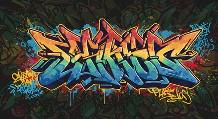 Colorful graffiti text design with vibrant lettering on a textured abstract backdrop